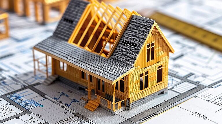 Model Home on Construction Plans with Blueprints in Background
